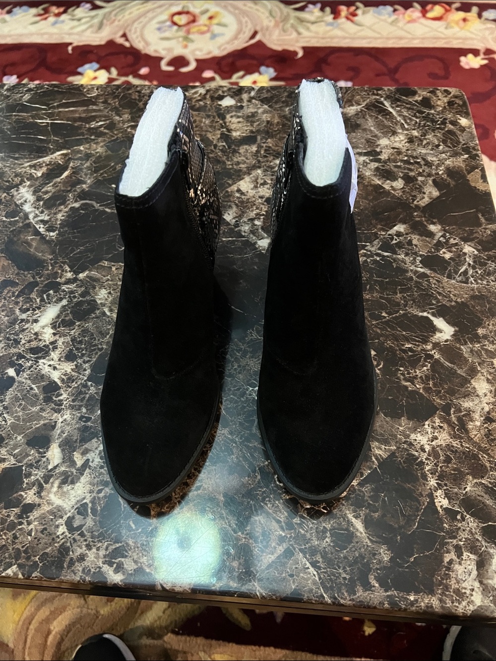 Vionic Black Suede Ankle Booties with Subtle Snakeskin Accent